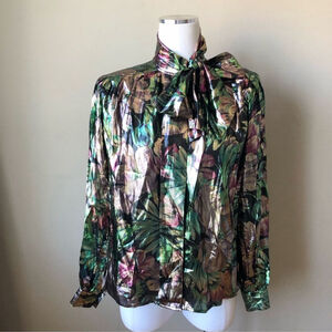 NWT Vintage Floral Print Gold Metallic Lurex Front Tie Blouse 4
